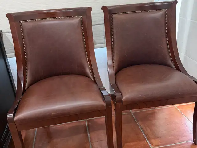 Pair of premium brown leather dining chairs elegant nailhead trim, Nicosia — Aglantzia