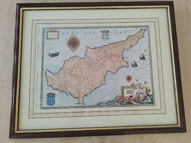 Framed vintage map of Cyprus, Επαρχία Λευκωσίας — Λευκωσία - Καϊμακλί