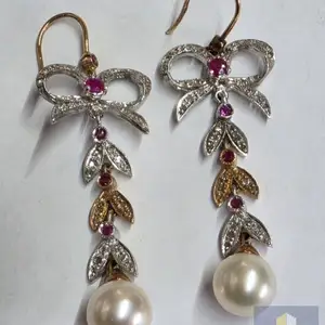 9ct gold, diamond, ruby and cultured pearl drop earrings, Limassol — Ypsonas