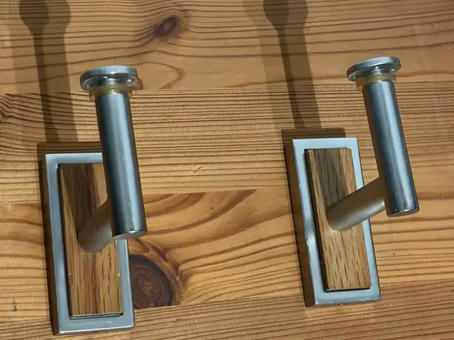 Set of 2x wall-mounted stainless steel and wood robe/coat hooks/hangers, Paphos — Paphos - Agios Theodoros