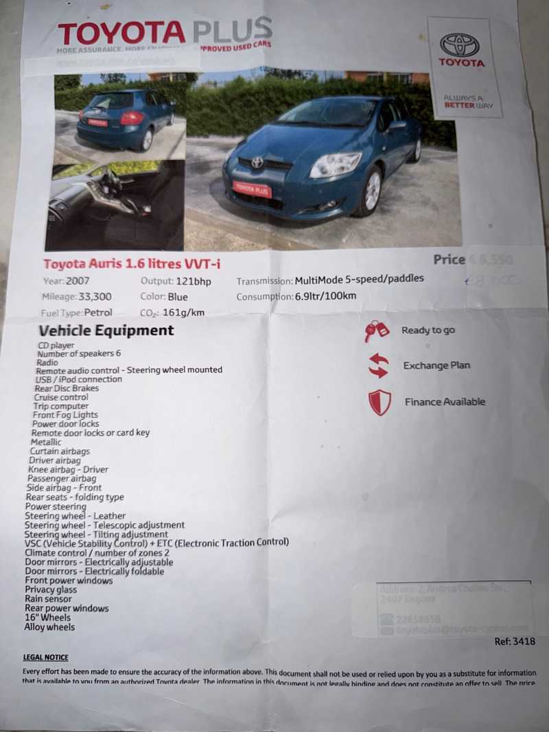 2007 Toyota Auris 1,5L 2007 Cyprus