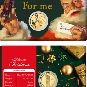 Coca cola santa christmas 1/1000 oz .999 gold in coin card 2023, Επαρχία Λευκωσίας — Λατσιά - Άγιος Γεώργιος
