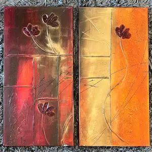 Textured floral wall art set of 2 canvases, red, gold & orange, Paphos — Argaka