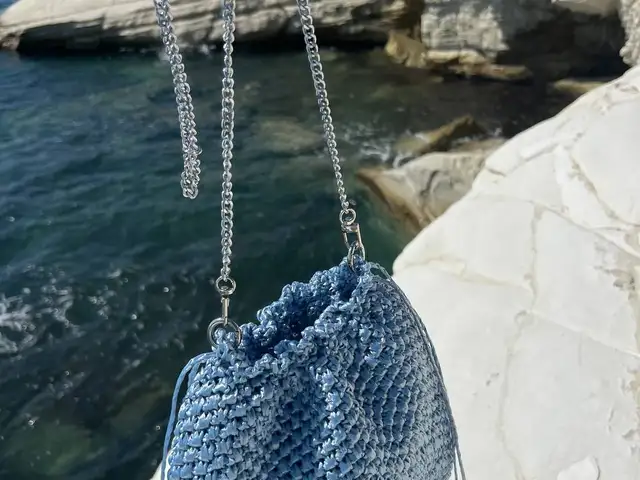 Premium raffia bucket bag - metallic blue -handmade, Limassol — Parekklisia