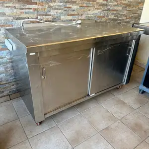 Stainless steel kitchen cabinet table with sliding doors & wheels 138x70, Limassol — Agios Athanasios
