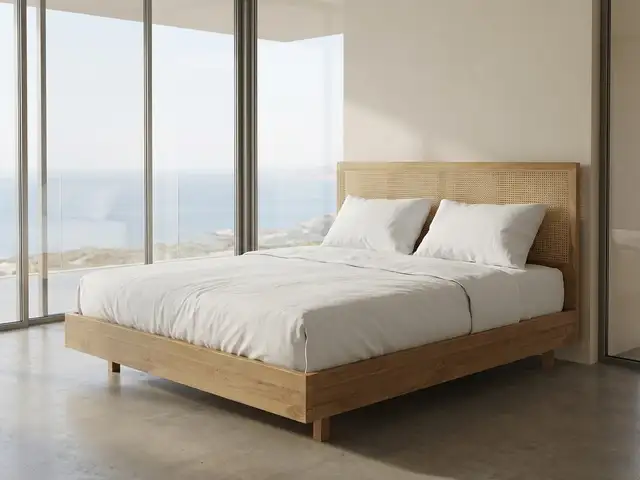 Natural wooden bed with rattan headboard, Επαρχία Πάφου — Κισσόνεργα