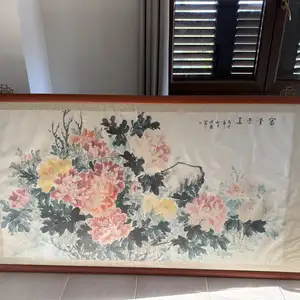 Large chinese peony artwork in wooden frame, Paphos — Stroumpi Kato