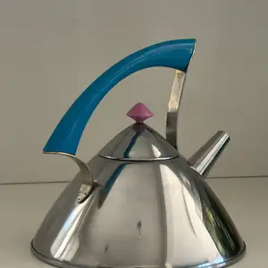 Rare 80s postmodern bird whistle stainless steel kettle teapot w/pink&blue touch, Paphos — Paphos - Agios Theodoros