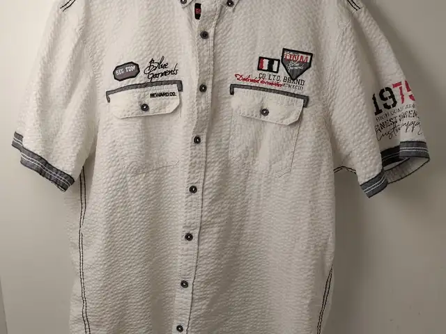 Reward Men's White Short Sleeve Button-Down Shirt Utility Patches, Nicosia — Strovolos - Acropolis
