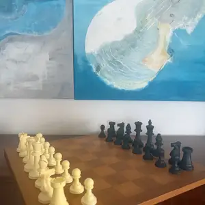 Vintage c.1960s handcarved wood 2-sided xl chessboard 45x45cm+ xl plastic pieces, Paphos — Paphos - Agios Theodoros