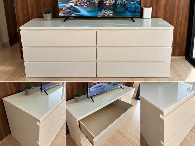 White glossy 6-drawer dresser with glass top, Επαρχία Λευκωσίας — Στρόβολος - Ακρόπολη