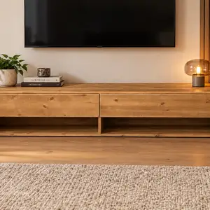 Wall hanging light wood effect unit with 2 drawers and 2 open shelves, Paphos — Pegeia