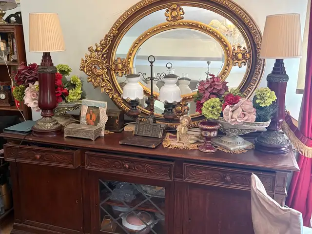 Mahogany sideboard with glazed cabinet & matching gilt mirror, Larnaca — Perivolia Larnakas