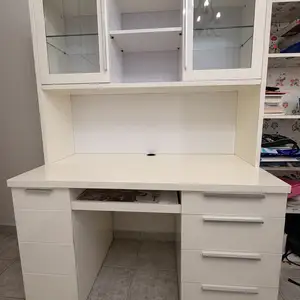 Modern white computer/ study desk unit with glass hutch & drawers, Nicosia — Lakatameia - Archangelos-Anthoupoli