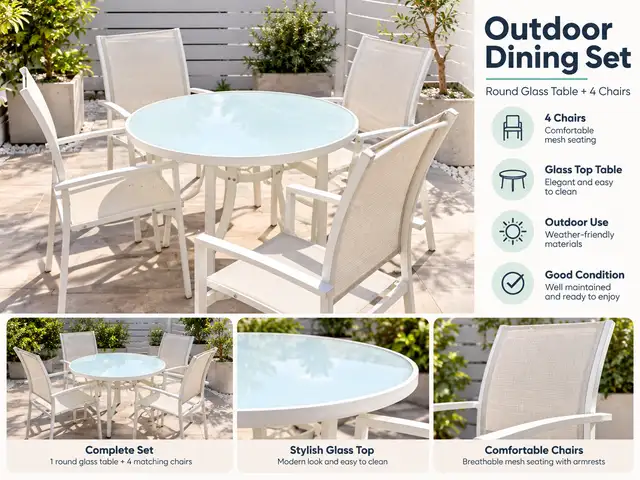 Outdoor dining set with a round glass-top table and 4 matching chairs, Limassol — Agios Tychon