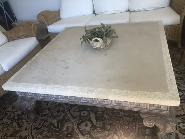 Stone custom living room table 120 x 120 x 47 cm, very heavy, carved wooden base, Paphos — Kissonerga