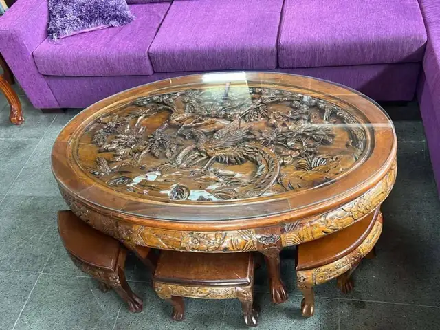 1970s ANTIQUE WOOD CARVED OVAL TABLE WITH 6 STOOLS, Επαρχία Λευκωσίας — Λακατάμεια - Αγία Παρασκευή