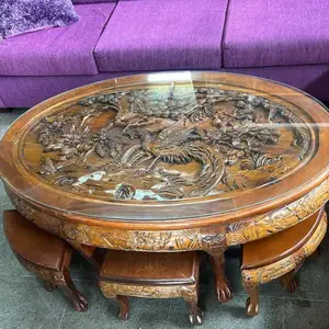1970s ANTIQUE WOOD CARVED OVAL TABLE WITH 6 STOOLS, Nicosia — Lakatameia - Agia Paraskevi